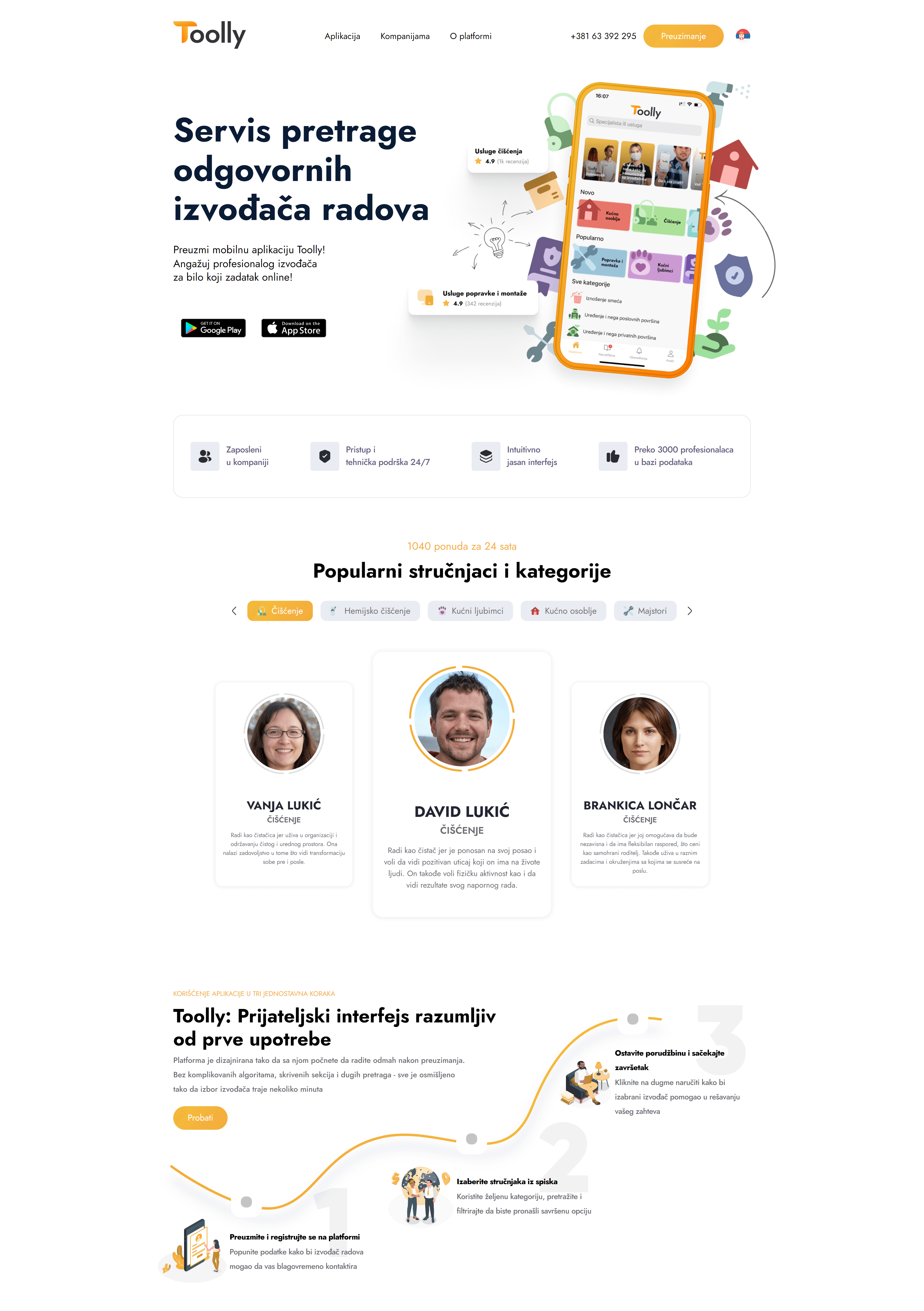 Promo-Website für Toolly mit Fokus auf die Darstellung der Service zur Suche zuverlässiger Ausführer